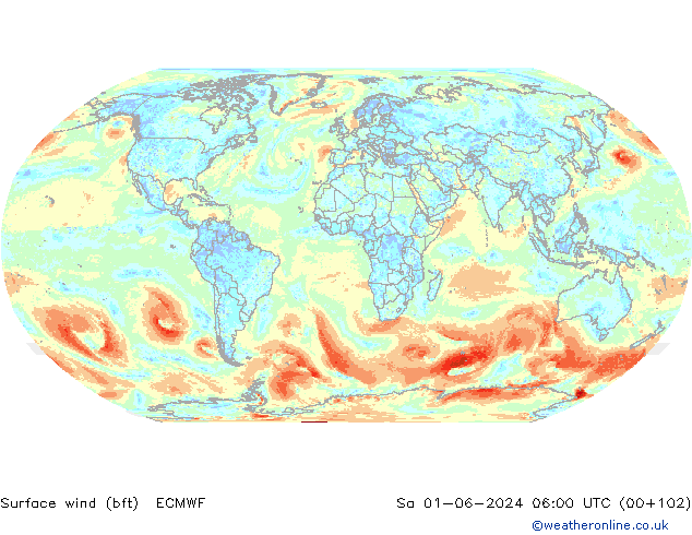 Vent 10 m (bft) ECMWF sam 01.06.2024 06 UTC