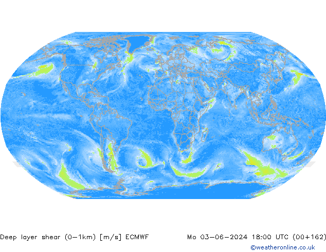 Deep layer shear (0-1km) ECMWF Mo 03.06.2024 18 UTC