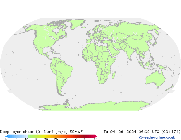 Deep layer shear (0-6km) ECMWF Út 04.06.2024 06 UTC