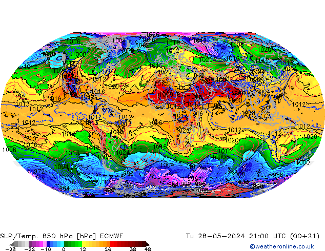 SLP/Temp. 850 гПа ECMWF вт 28.05.2024 21 UTC