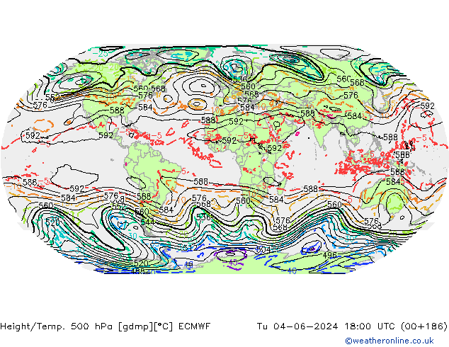 Z500/Rain (+SLP)/Z850 ECMWF wto. 04.06.2024 18 UTC