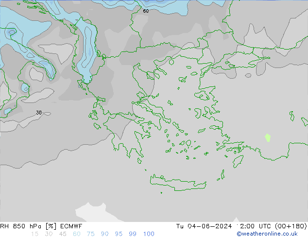 RH 850 hPa ECMWF Tu 04.06.2024 12 UTC