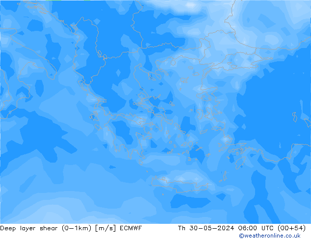 Deep layer shear (0-1km) ECMWF Th 30.05.2024 06 UTC