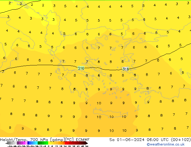 Hoogte/Temp. 700 hPa ECMWF za 01.06.2024 06 UTC