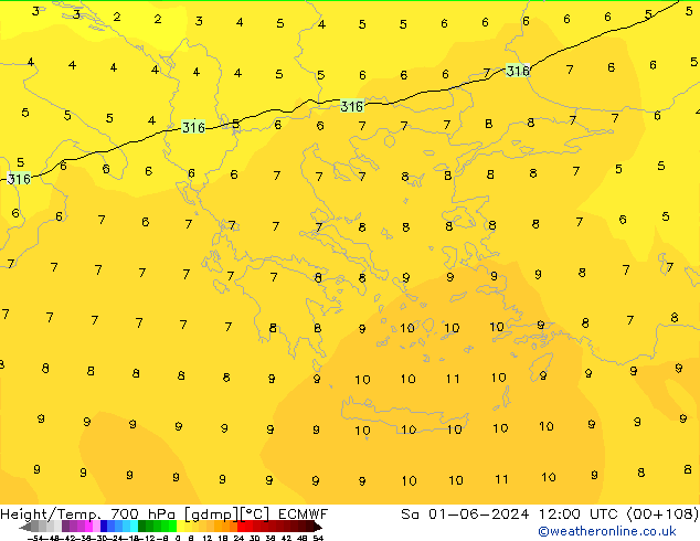 Hoogte/Temp. 700 hPa ECMWF za 01.06.2024 12 UTC