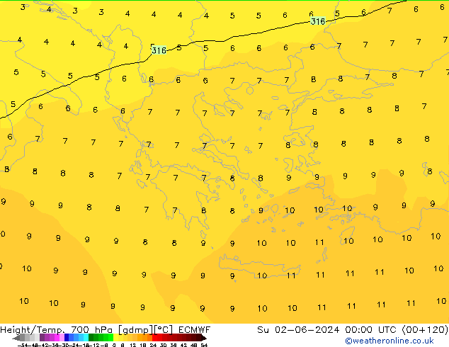 Yükseklik/Sıc. 700 hPa ECMWF Paz 02.06.2024 00 UTC