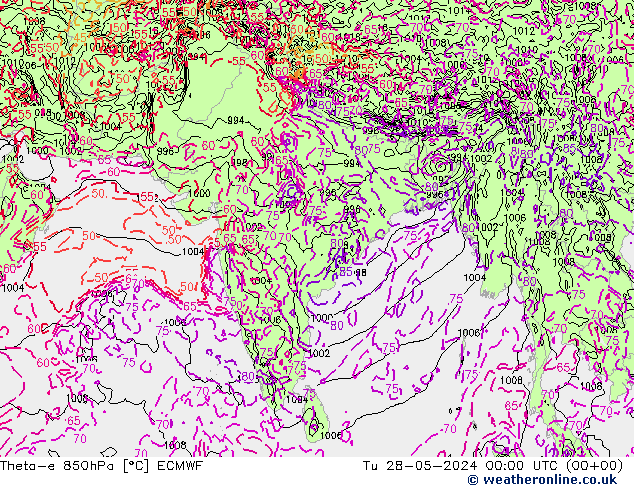 Theta-e 850hPa ECMWF mar 28.05.2024 00 UTC