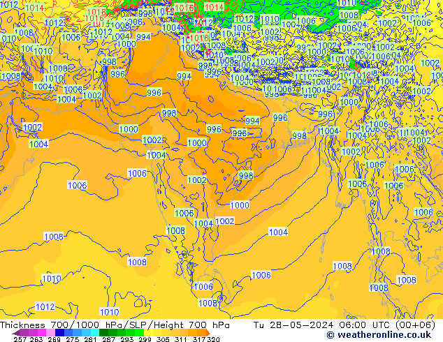 Thck 700-1000 hPa ECMWF Tu 28.05.2024 06 UTC