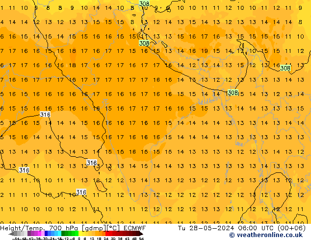 Height/Temp. 700 hPa ECMWF Tu 28.05.2024 06 UTC