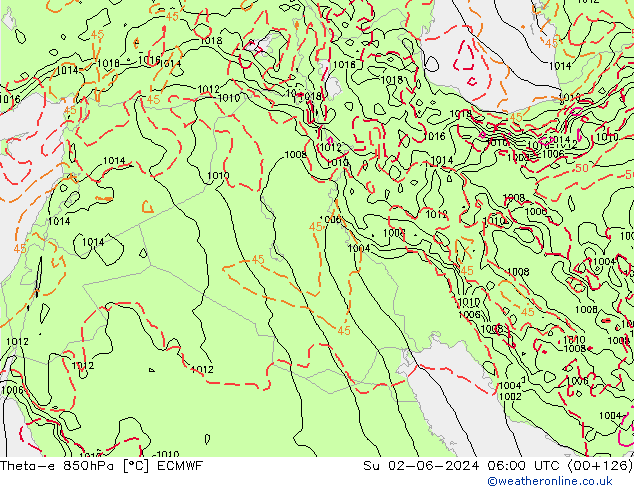 Theta-e 850hPa ECMWF Ne 02.06.2024 06 UTC