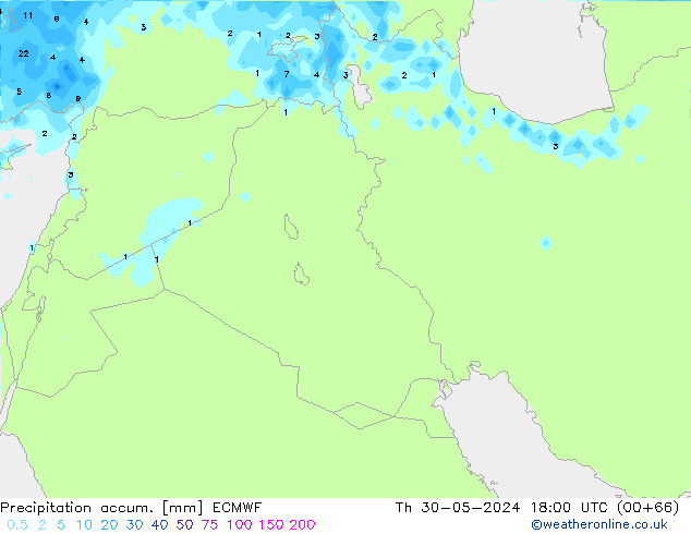 Precipitation accum. ECMWF gio 30.05.2024 18 UTC