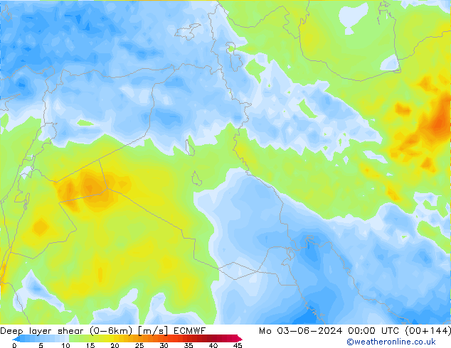 Deep layer shear (0-6km) ECMWF Po 03.06.2024 00 UTC