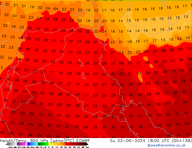 Height/Temp. 850 hPa ECMWF Dom 02.06.2024 18 UTC