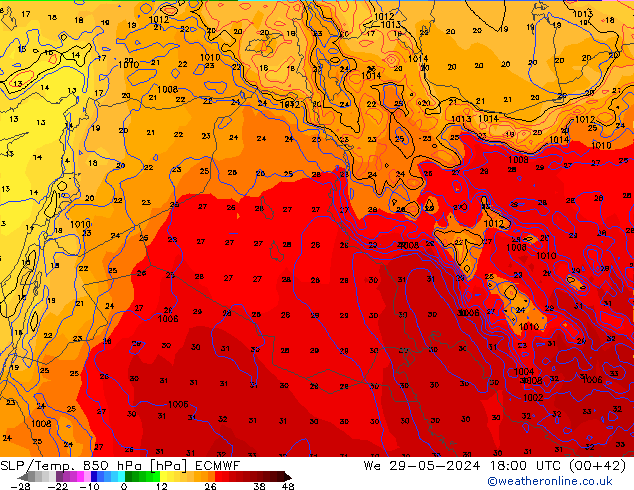 850 hPa Yer Bas./Sıc ECMWF Çar 29.05.2024 18 UTC