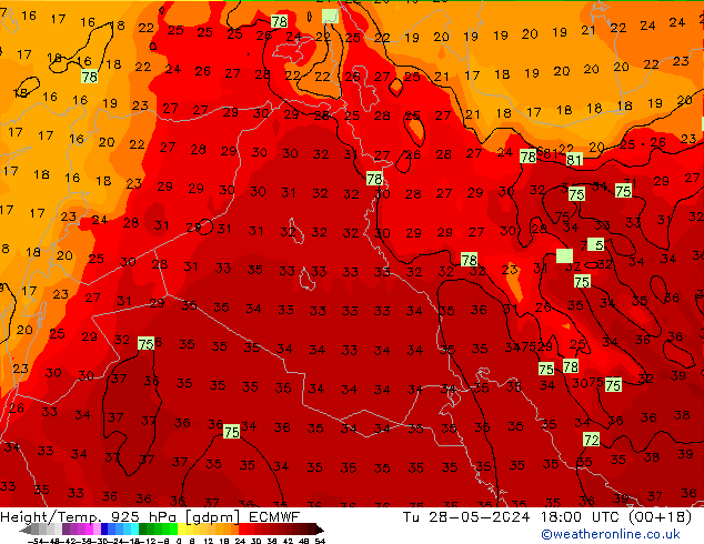 Height/Temp. 925 hPa ECMWF Út 28.05.2024 18 UTC