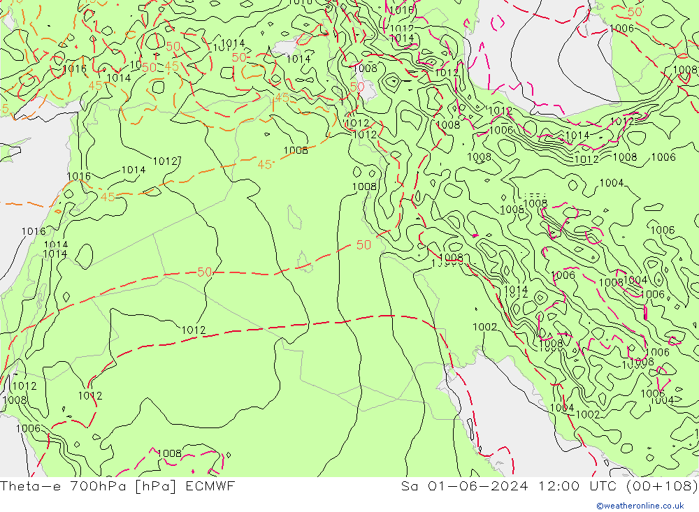 Theta-e 700hPa ECMWF so. 01.06.2024 12 UTC