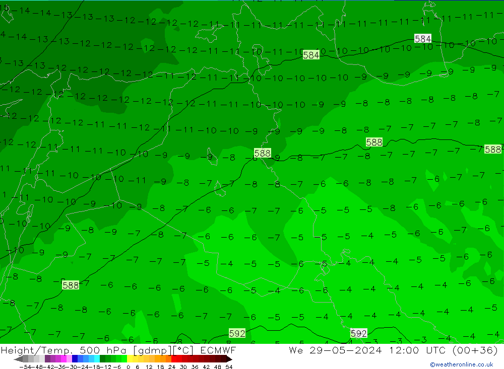 Height/Temp. 500 hPa ECMWF mer 29.05.2024 12 UTC