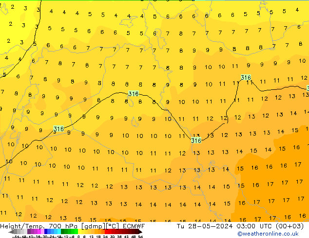 Height/Temp. 700 гПа ECMWF вт 28.05.2024 03 UTC