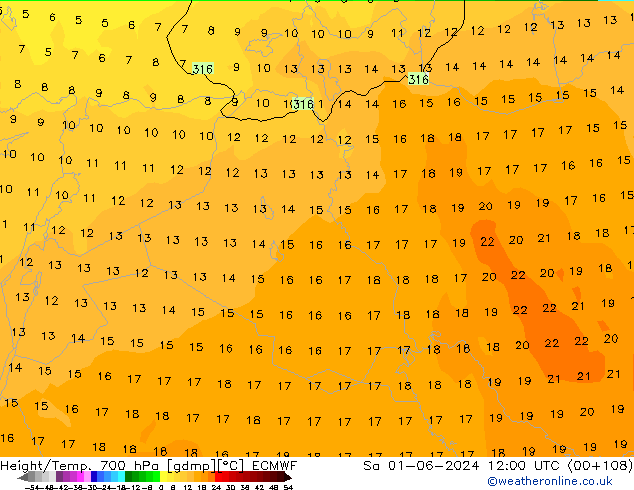 Height/Temp. 700 hPa ECMWF so. 01.06.2024 12 UTC