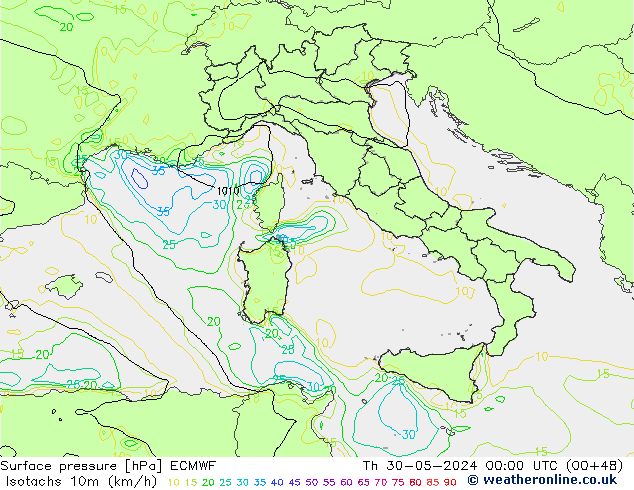 Eşrüzgar Hızları (km/sa) ECMWF Per 30.05.2024 00 UTC