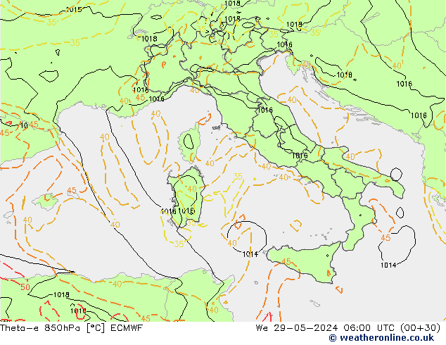 Theta-e 850hPa ECMWF wo 29.05.2024 06 UTC