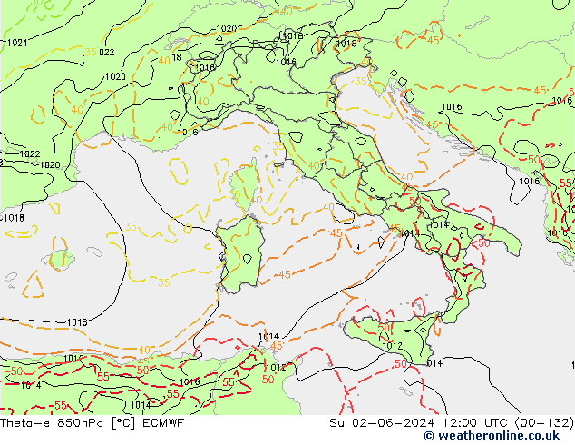 Theta-e 850hPa ECMWF  02.06.2024 12 UTC