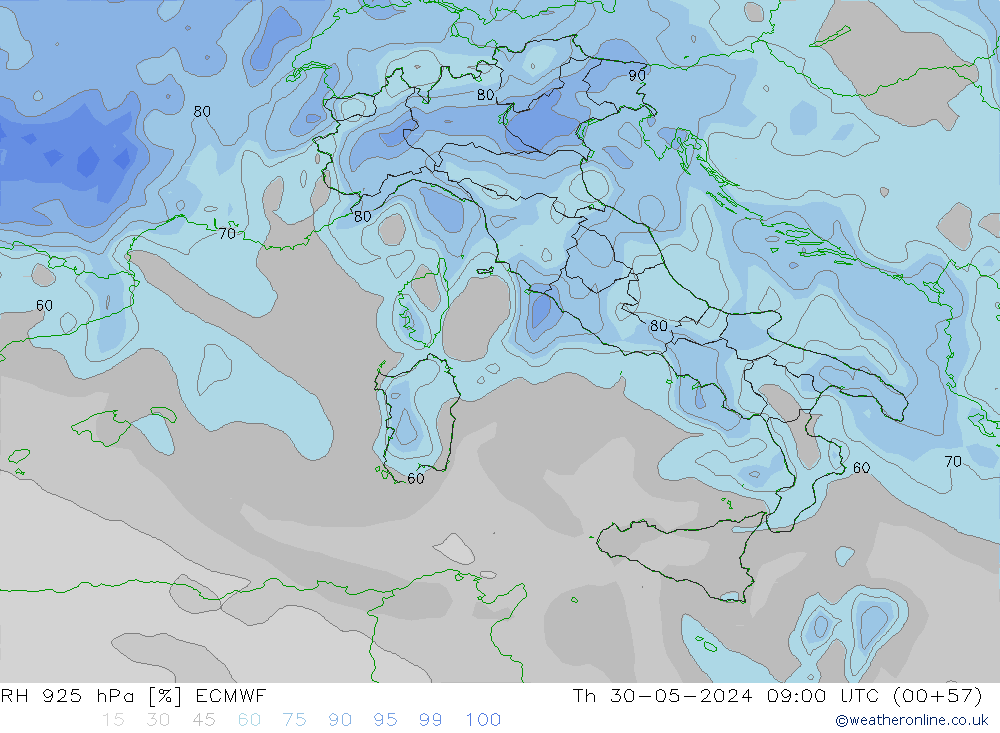 925 hPa Nispi Nem ECMWF Per 30.05.2024 09 UTC