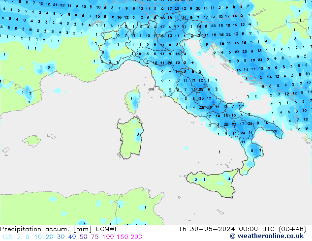 Precipitation accum. ECMWF Qui 30.05.2024 00 UTC