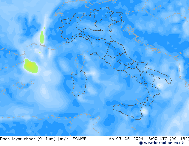 Deep layer shear (0-1km) ECMWF Mo 03.06.2024 18 UTC