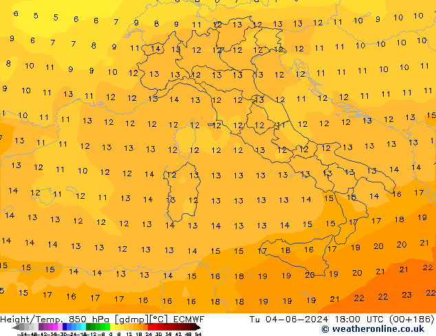 Height/Temp. 850 hPa ECMWF Tu 04.06.2024 18 UTC