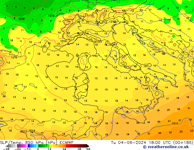 SLP/Temp. 850 hPa ECMWF Tu 04.06.2024 18 UTC