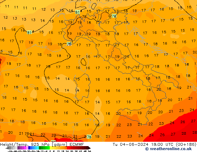 Height/Temp. 925 hPa ECMWF Tu 04.06.2024 18 UTC