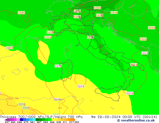 Thck 700-1000 hPa ECMWF We 29.05.2024 00 UTC