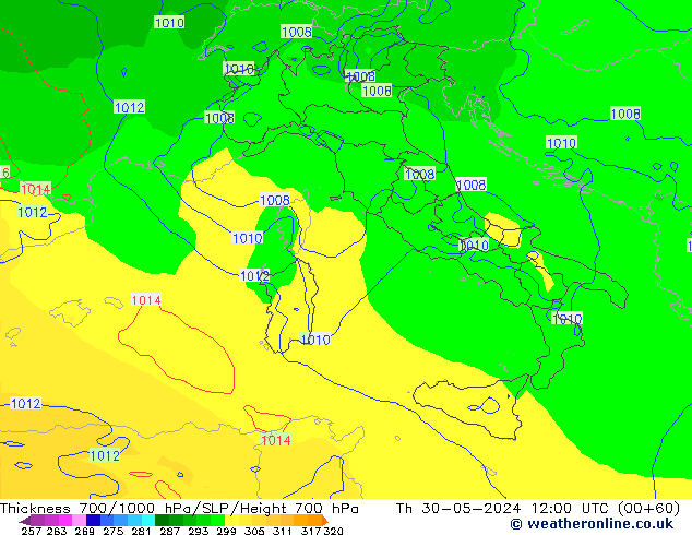 Thck 700-1000 hPa ECMWF Th 30.05.2024 12 UTC