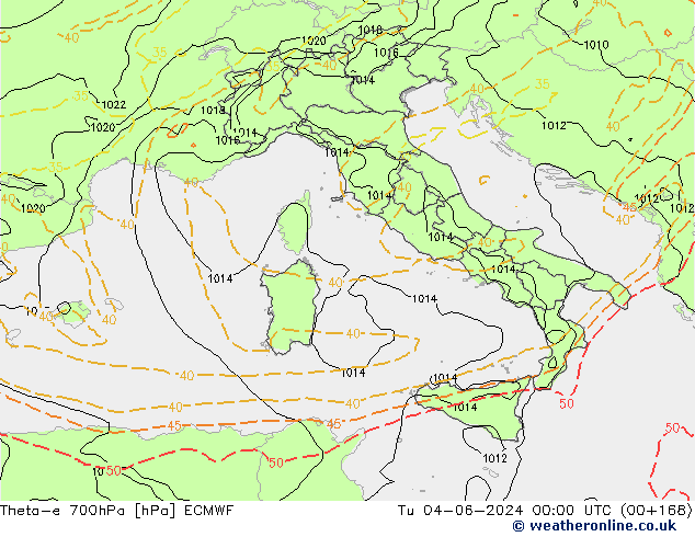 Theta-e 700hPa ECMWF Tu 04.06.2024 00 UTC