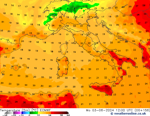 Temperature (2m) ECMWF Mo 03.06.2024 12 UTC