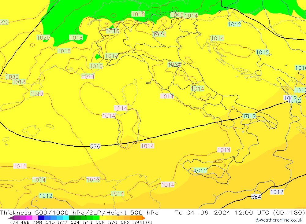 Thck 500-1000hPa ECMWF Tu 04.06.2024 12 UTC