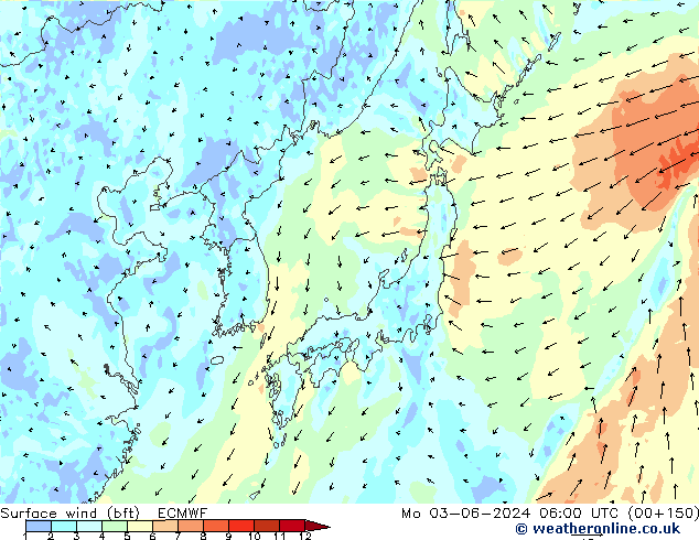 Surface wind (bft) ECMWF Mo 03.06.2024 06 UTC