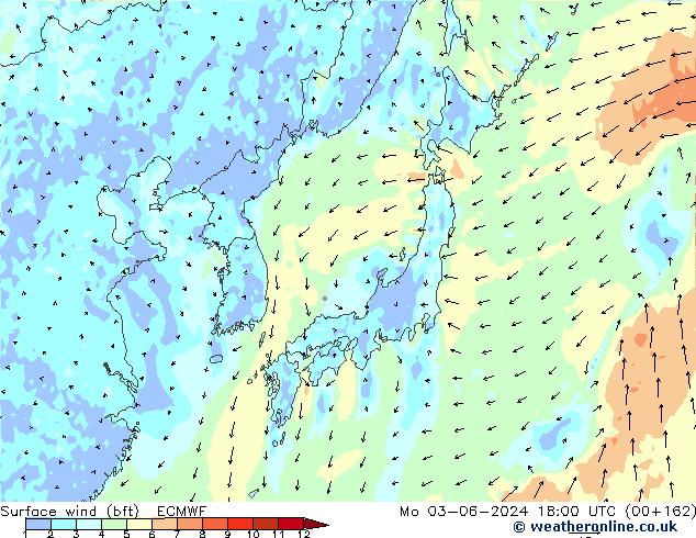 Rüzgar 10 m (bft) ECMWF Pzt 03.06.2024 18 UTC