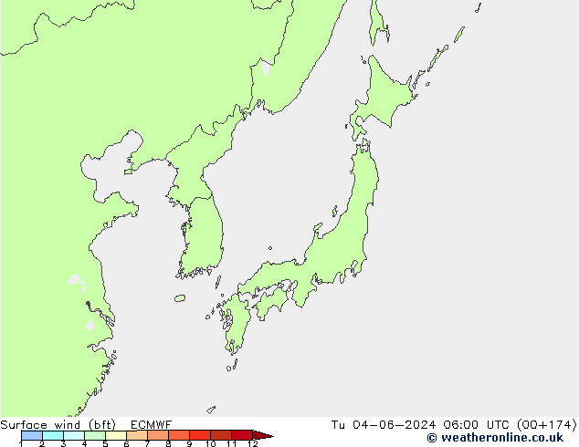 Wind 10 m (bft) ECMWF di 04.06.2024 06 UTC