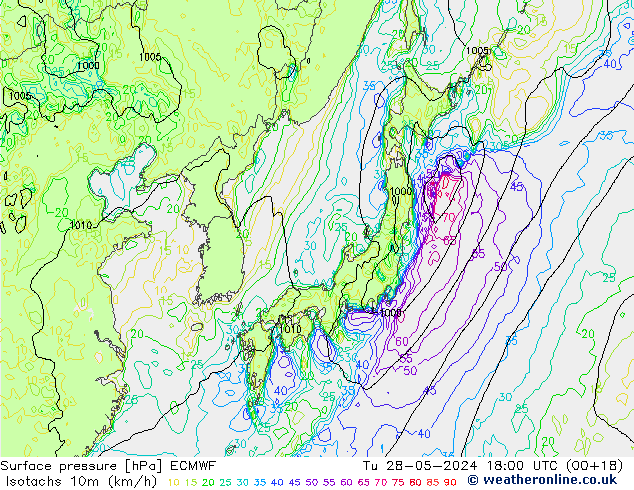 Isotachs (kph) ECMWF Tu 28.05.2024 18 UTC