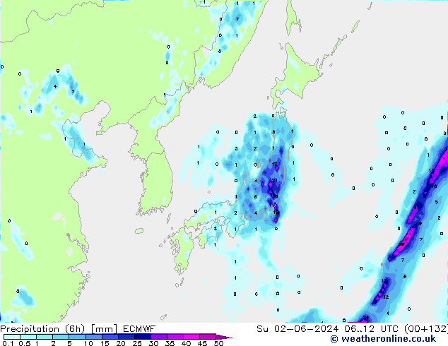 Precipitation (6h) ECMWF Su 02.06.2024 12 UTC