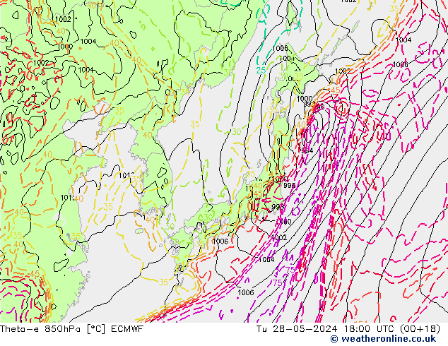 Theta-e 850hPa ECMWF Tu 28.05.2024 18 UTC