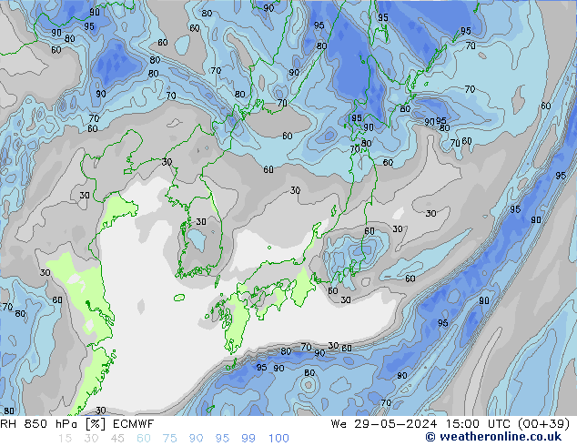 Humidité rel. 850 hPa ECMWF mer 29.05.2024 15 UTC