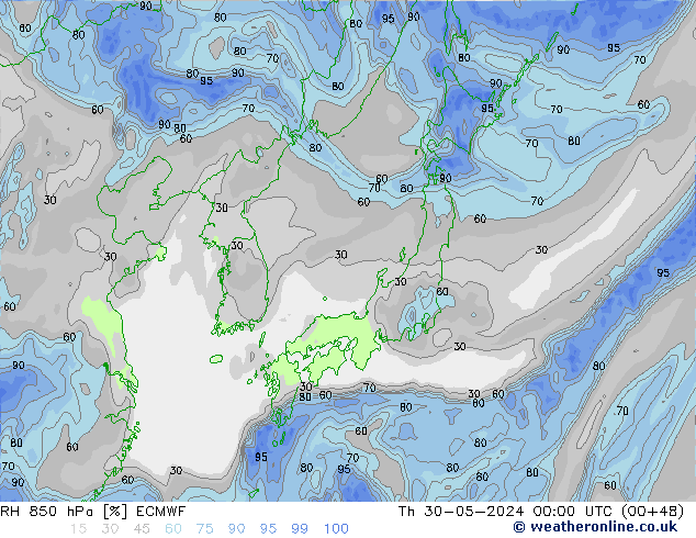 RH 850 hPa ECMWF Do 30.05.2024 00 UTC