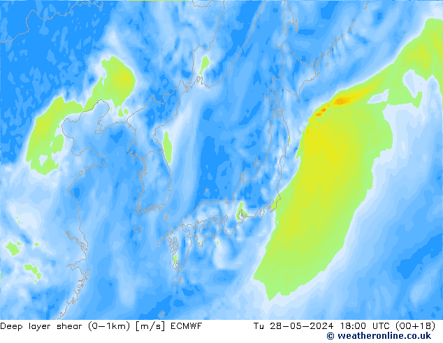 Deep layer shear (0-1km) ECMWF Tu 28.05.2024 18 UTC