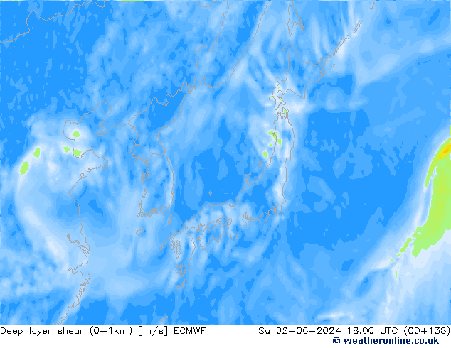 Deep layer shear (0-1km) ECMWF  02.06.2024 18 UTC