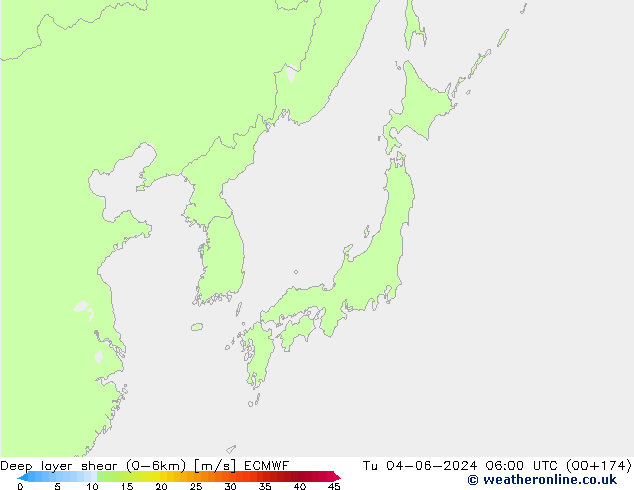 Deep layer shear (0-6km) ECMWF Út 04.06.2024 06 UTC