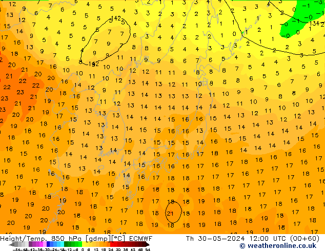 Yükseklik/Sıc. 850 hPa ECMWF Per 30.05.2024 12 UTC