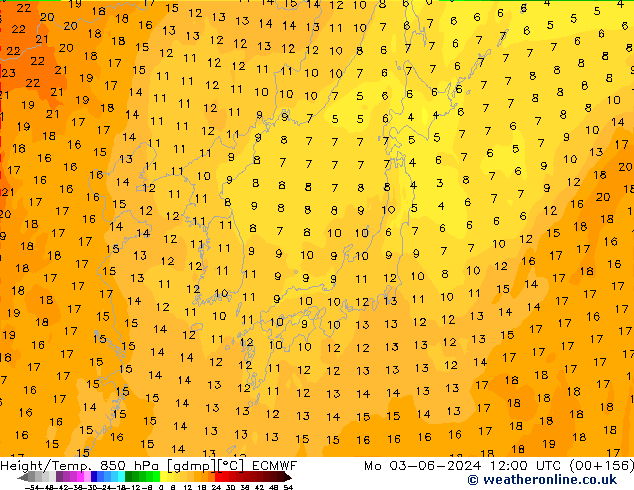 Height/Temp. 850 hPa ECMWF Mo 03.06.2024 12 UTC